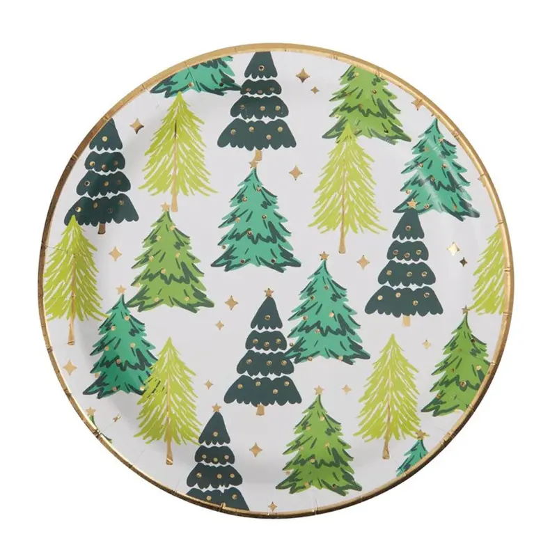 CR Gibson, Holiday Foil Trim Round Lunch Plates, 8pk