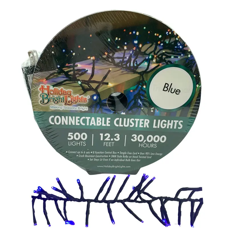 Holiday Bright Lights Connectable Cluster Light Set, 500-Lights, 12.3-Feet Length, Blue Bulbs