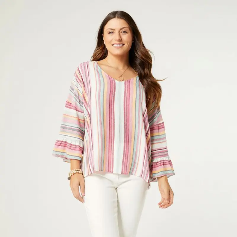 Coco+Carmen, Millicent V-Neck Ruffle Sleeve, Pink/Mint Stripe