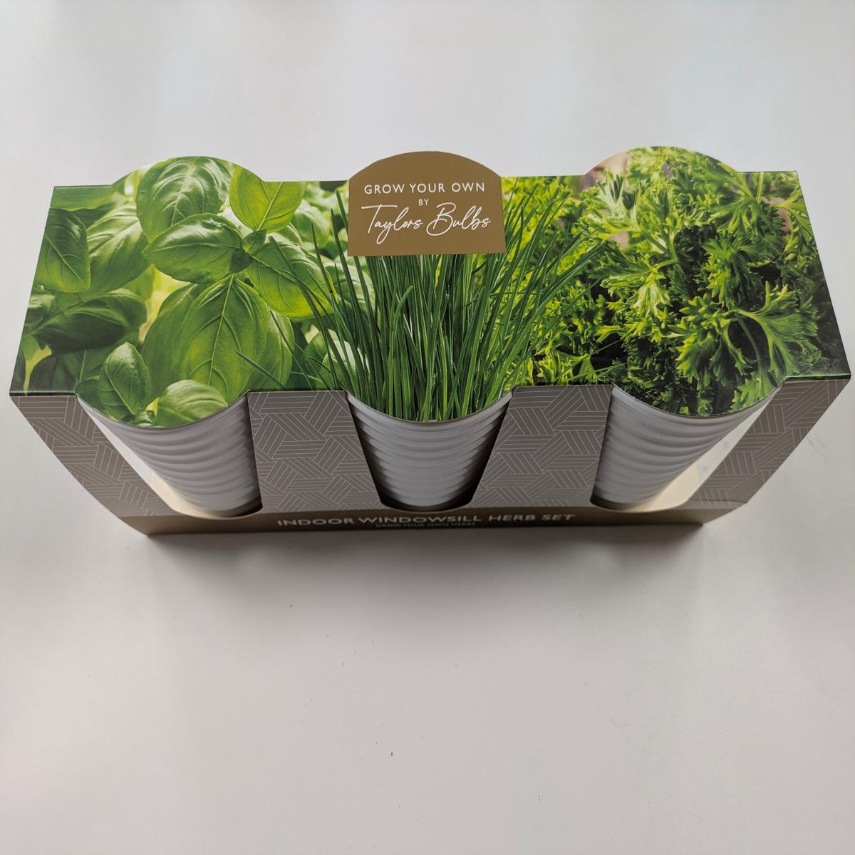 Taylors Windowsill Herb Pots Compost Basil Parsley Chives Seeds - Reduced packaging damage