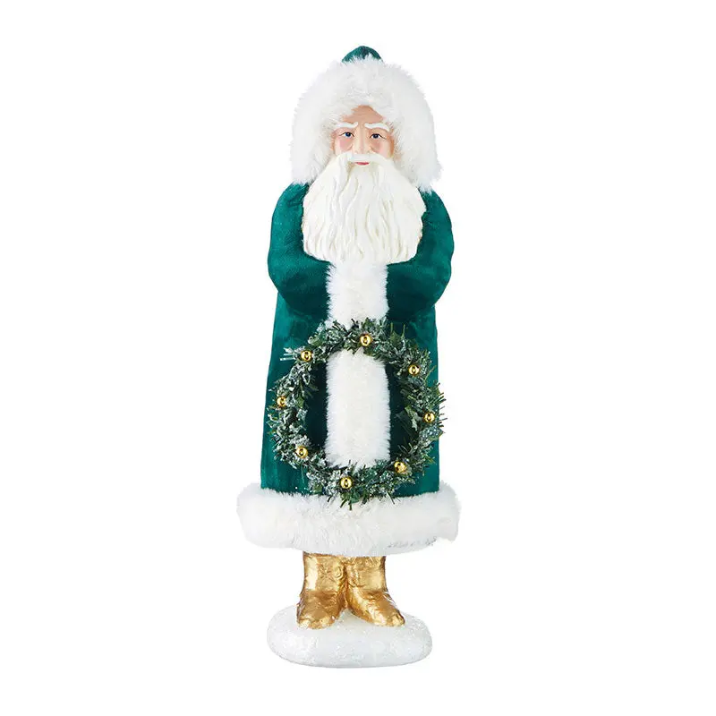 Green Velvet Santa with Wreath, 16.5"