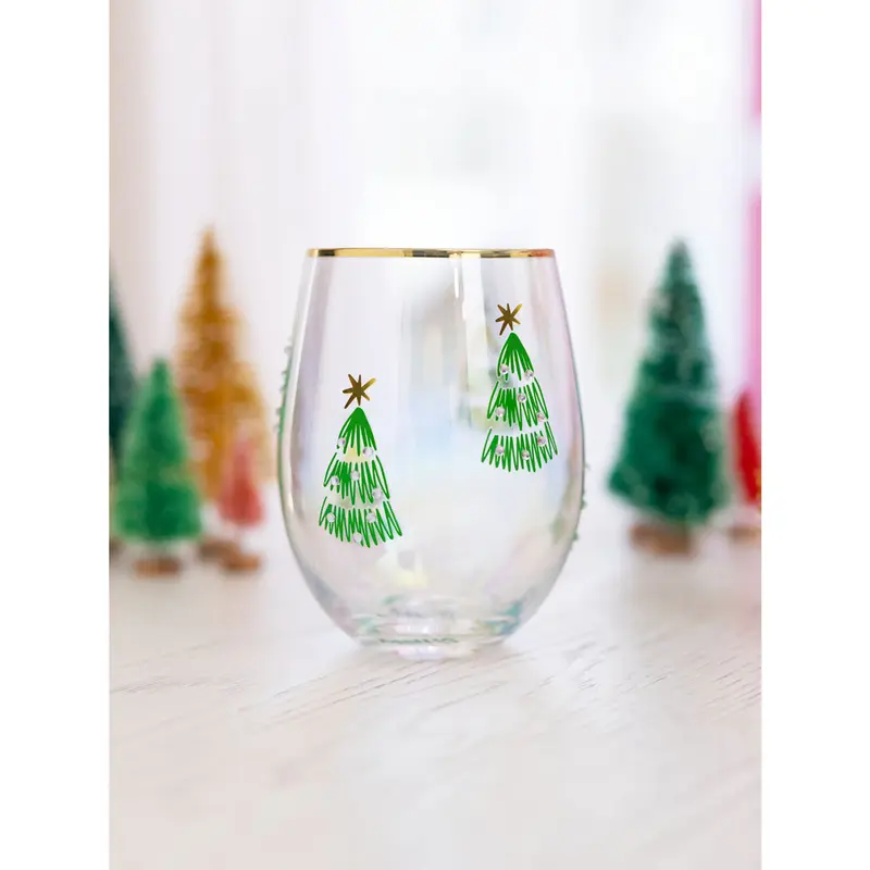 Mary Square, Stemless Wine Glass, Small Green Trees Design