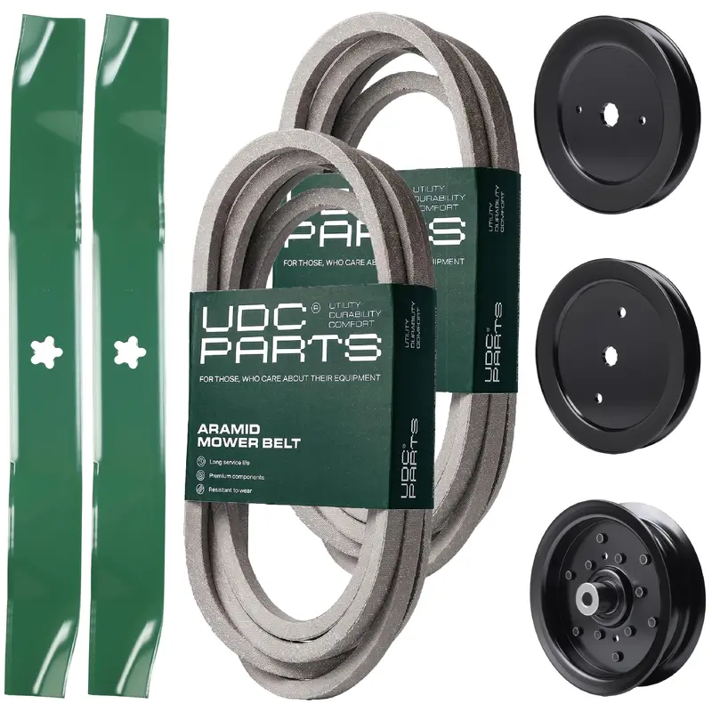 UDC Parts Mower Kit / Belt 539114557 + Belt 539117245 + Pulley 129861 + Pulley 195945 + Pulley 532196106 + 2 Pack Blades 134149 / Fits Husqvarna RZ4219