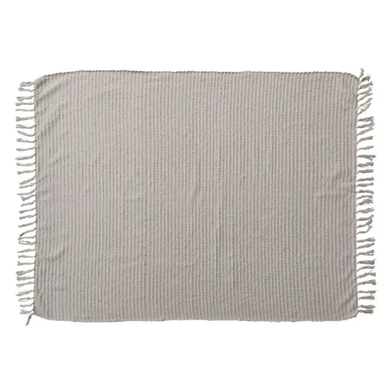 Creative Co-Op, Cotton & Acrylic Throw W/Fringe, Stripes & Gold Thread, Beige & White