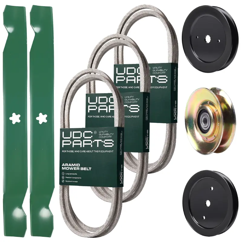 UDC Parts Mower Kit / Belt 140218 + Belt 144959 + Belt 197253 + Pulley 127783 + Pulley 129861 + Pulley 195945 + 2 Pack Blades 138971 / Fits Poulan Pro PK20H42YT