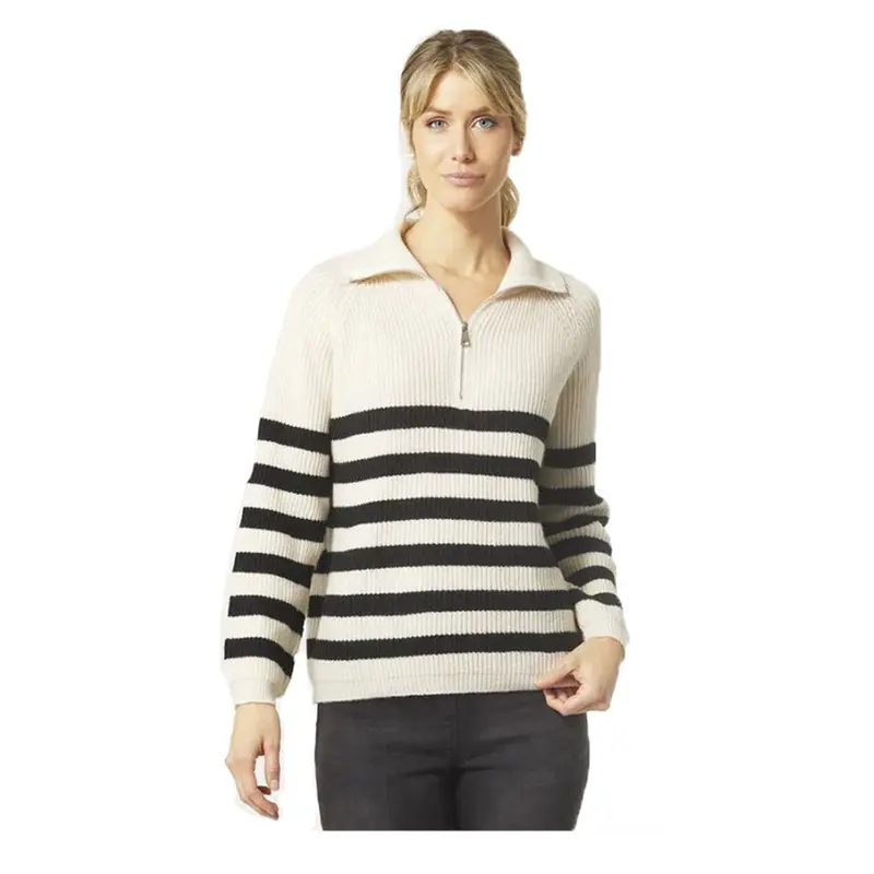 Coco and Carmen, Isla Half Zip Sweater with Stripes, Cream/Black