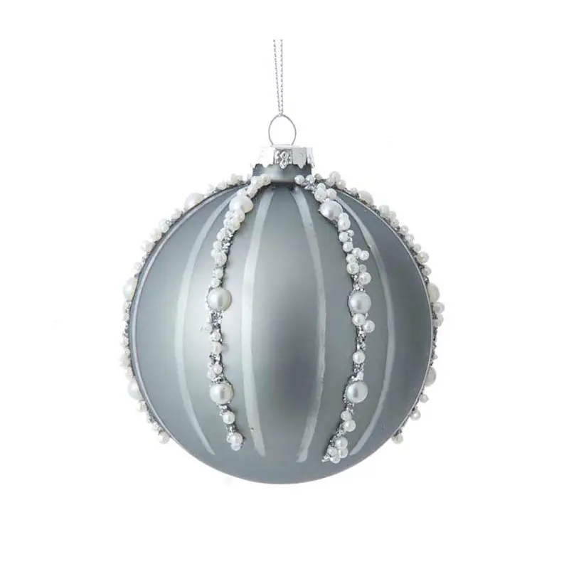 Kurt Adler Glass Matte Gray Ball With Pearls Ornament, 4"