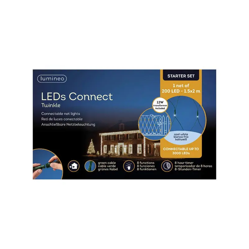 LED Twinkle Net Lights w/ Transformer, 200 Cool White Lights, 4.9x6.6ft