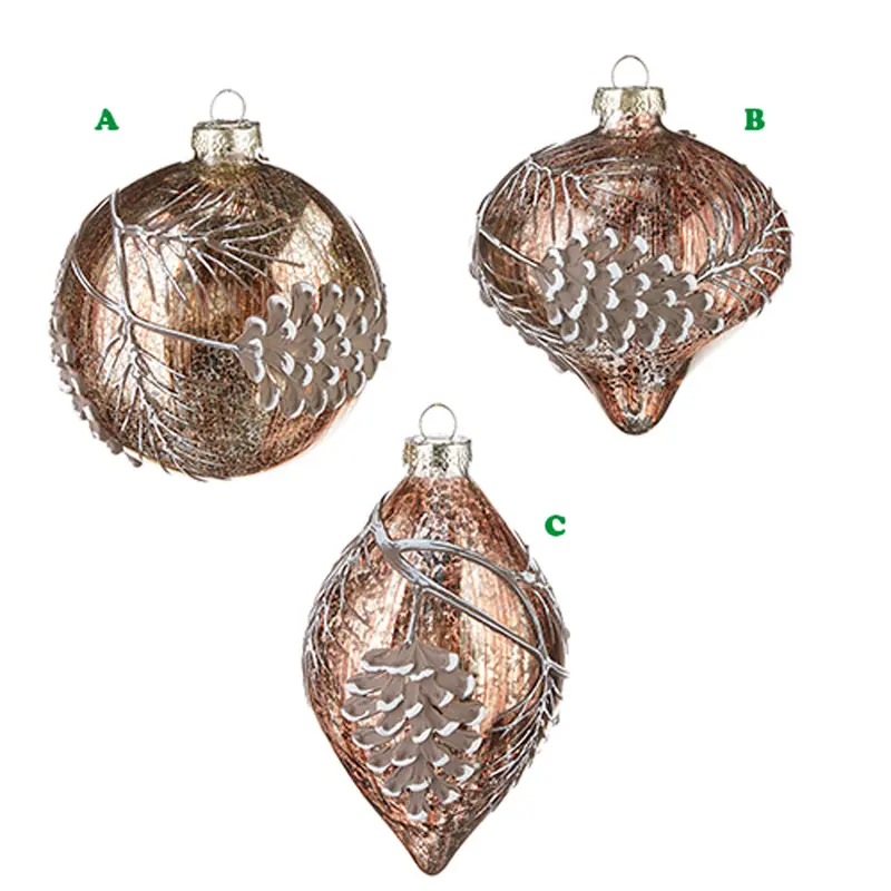 RAZ, Pinecone Branch on Glass Ornament, 4", Assorted and Sold Separately