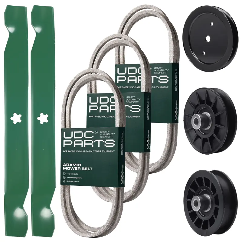 UDC Parts Mower Kit / Belt 130969 + Belt 140218 + Belt 197253 + Pulley 195945 + Pulley 532194326 + Pulley 532194327 + 2 Pack Blades 138971 / Fits Husqvarna LTH171