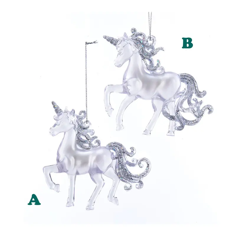 Kurt Adler Clear With Silver Glitter Unicorn Ornaments, 2 Assorted Sold Individually, 4"