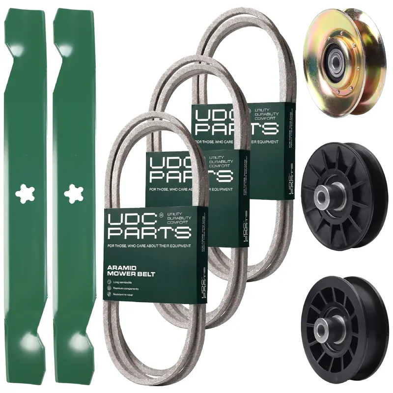 UDC Parts Mower Kit / Belt 130969 + Belt 138255 + Belt 140218 + Pulley 127783 + Pulley 532194326 + Pulley 532194327 + 2 Pack Blades 138497 / Fits Husqvarna LTH151